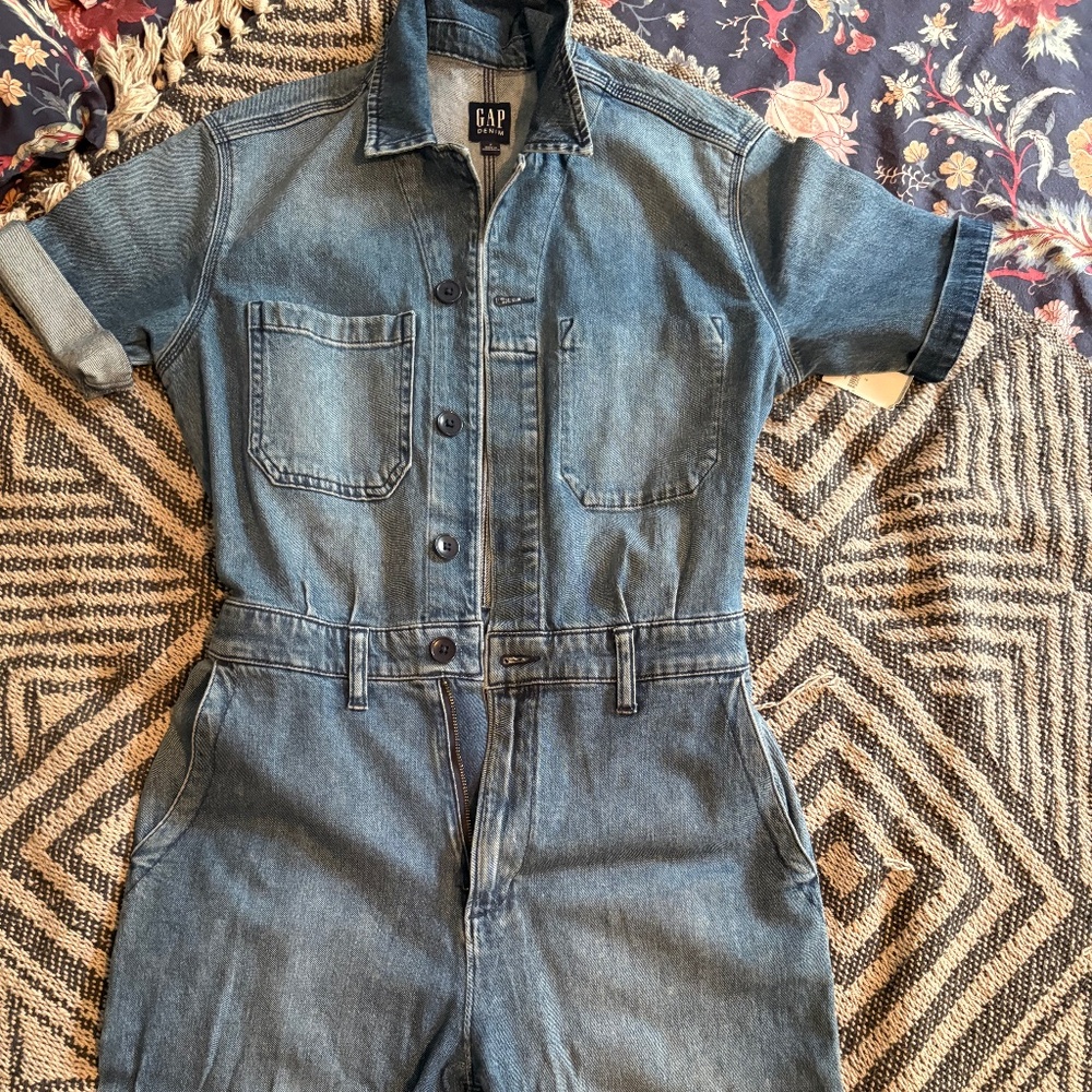 GAP Blue Short-Sleeve Denim Overalls Jumpsuit